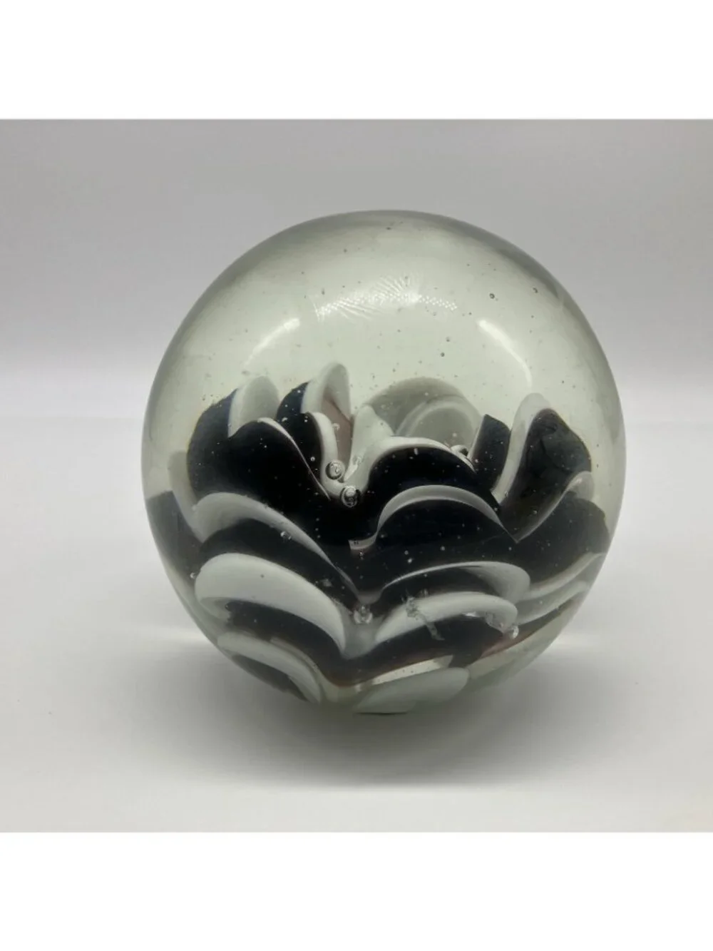 Vintage Art Glass Black White Floral Swirl Paperweight 3.25” - W18